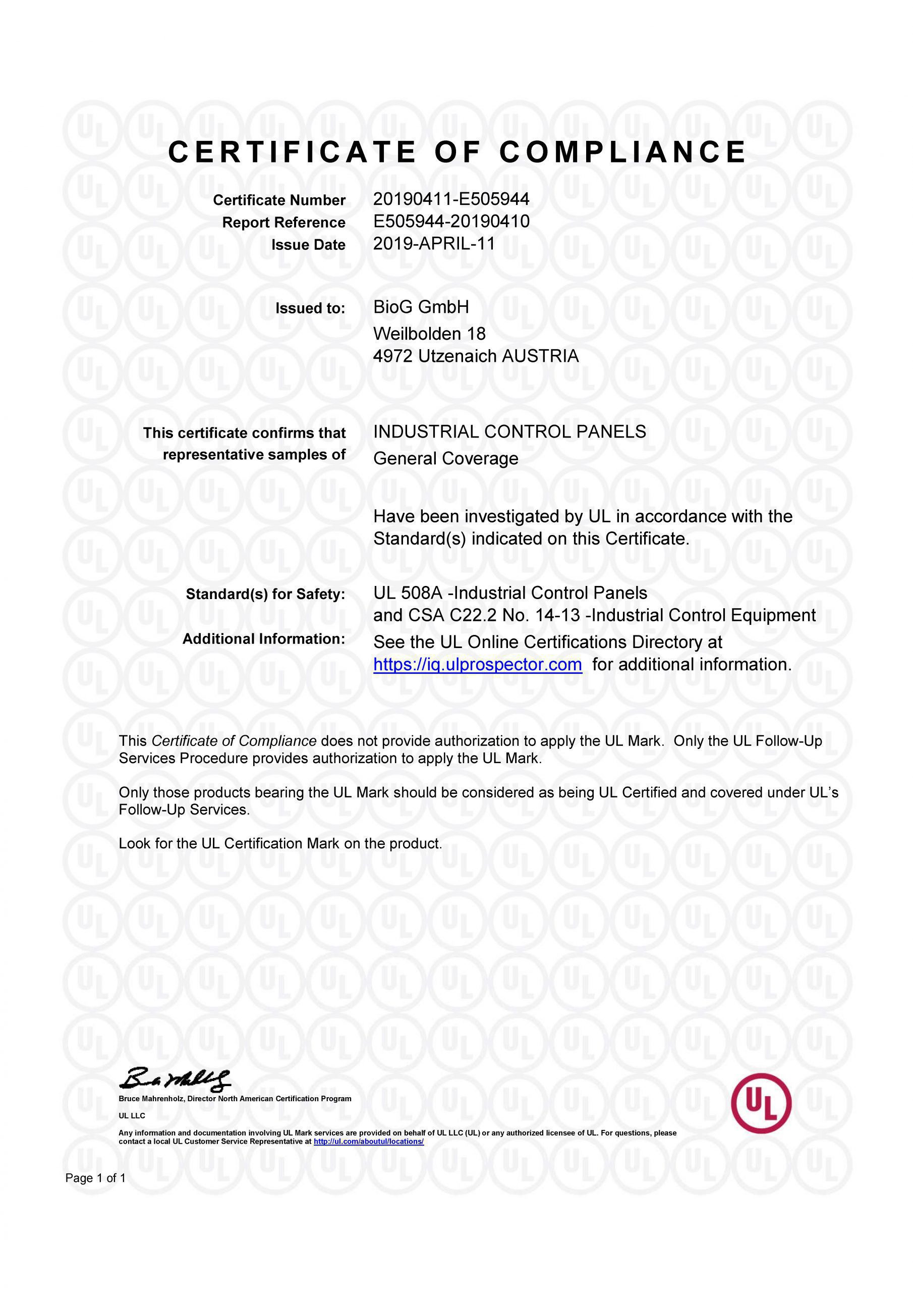Certificate of compliance UL 508A