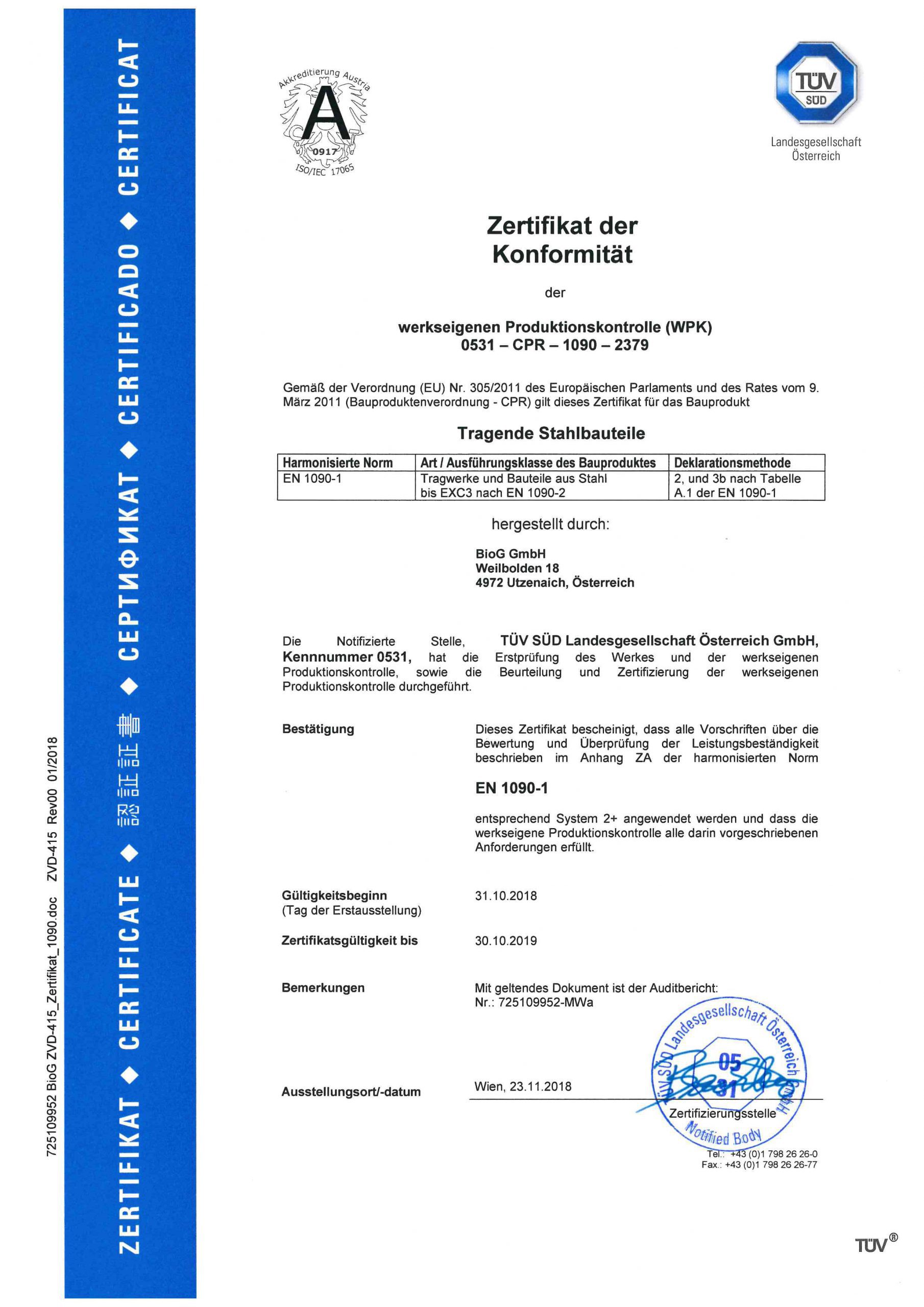 Zertifikat der Konformität - werkseigene Produktionskontrolle