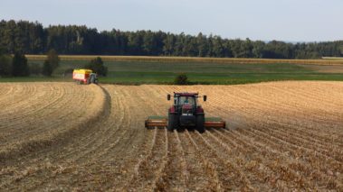 Traktor z BIOCHIPPER-em przy zbiorze słomy kukurydzianej i traktor z przyczepą zbierającą do wywózki resztek z pola